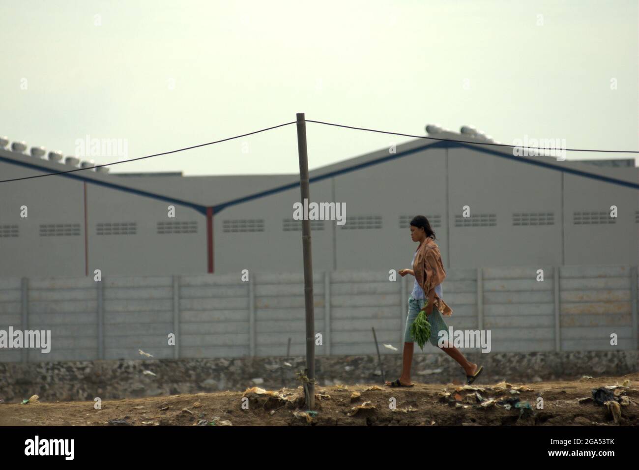 Una donna cammina sul lato del canale delle inondazioni di Giacarta, in uno sfondo di edifici di magazzino in una nuova area commerciale chiamata Marunda Makmur che amministrativamente si trova nella reggenza di Bekasi, Giava Occidentale, Indonesia. Fotografato nel villaggio di Marunda, Cilincing, Giacarta Nord, Giacarta, Indonesia. Foto Stock