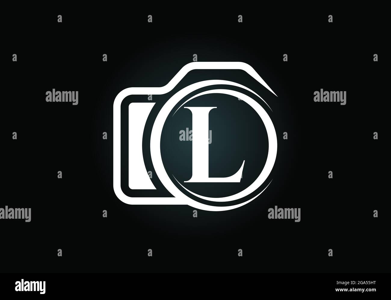 Lettera iniziale del monogramma L con l'icona di una telecamera. Immagine vettoriale del logo fotografico. Design moderno del logo per il settore della fotografia e l'azienda Illustrazione Vettoriale
