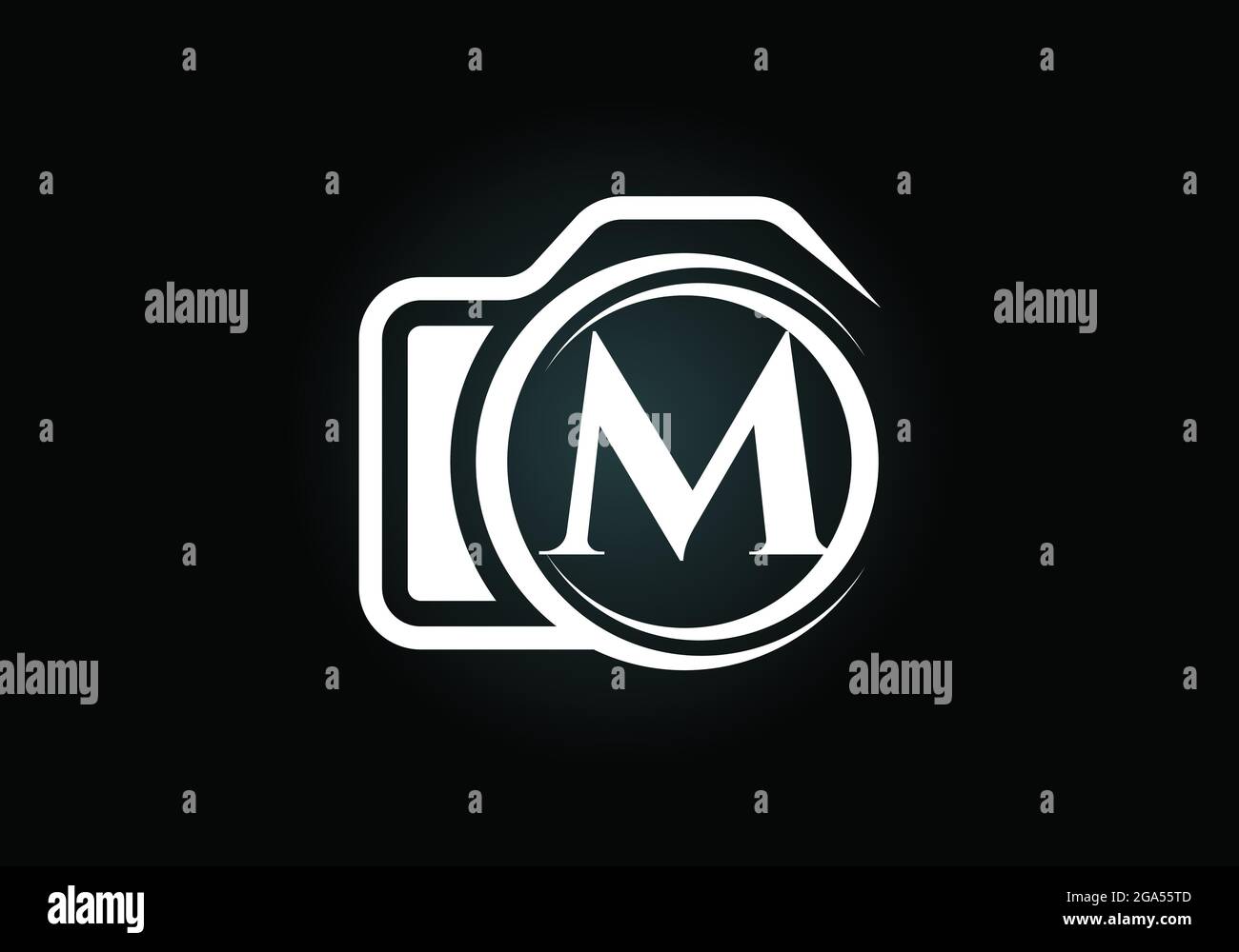 Lettera iniziale M monogramma con l'icona di una telecamera. Immagine vettoriale del logo fotografico. Design moderno del logo per il settore della fotografia e l'azienda Illustrazione Vettoriale