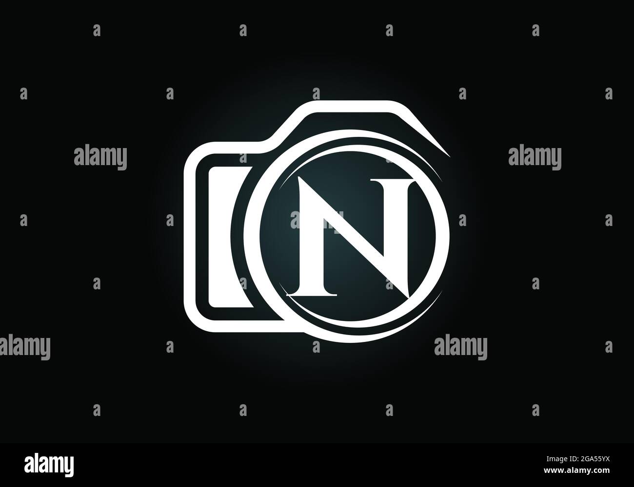 Lettera iniziale con N caratteri monogrammi con icona di una telecamera. Immagine vettoriale del logo fotografico. Design moderno del logo per il settore della fotografia e l'azienda Illustrazione Vettoriale