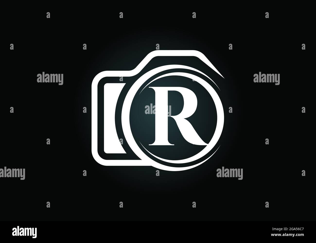 Lettera iniziale del monogramma R con l'icona di una telecamera. Immagine vettoriale del logo fotografico. Design moderno del logo per il settore della fotografia e l'azienda Illustrazione Vettoriale