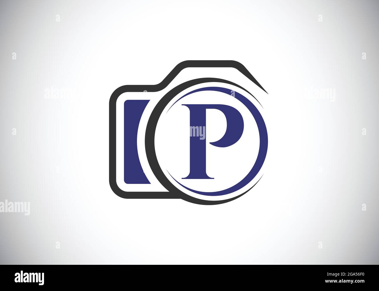 Lettera iniziale del monogramma P con l'icona di una telecamera. Immagine vettoriale del logo fotografico. Design moderno del logo per il settore della fotografia e l'azienda Illustrazione Vettoriale