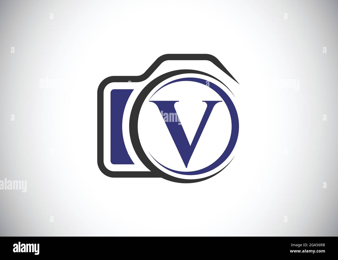 Lettera iniziale del monogramma V con l'icona di una telecamera. Immagine vettoriale del logo fotografico. Design moderno del logo per il settore della fotografia e l'azienda Illustrazione Vettoriale