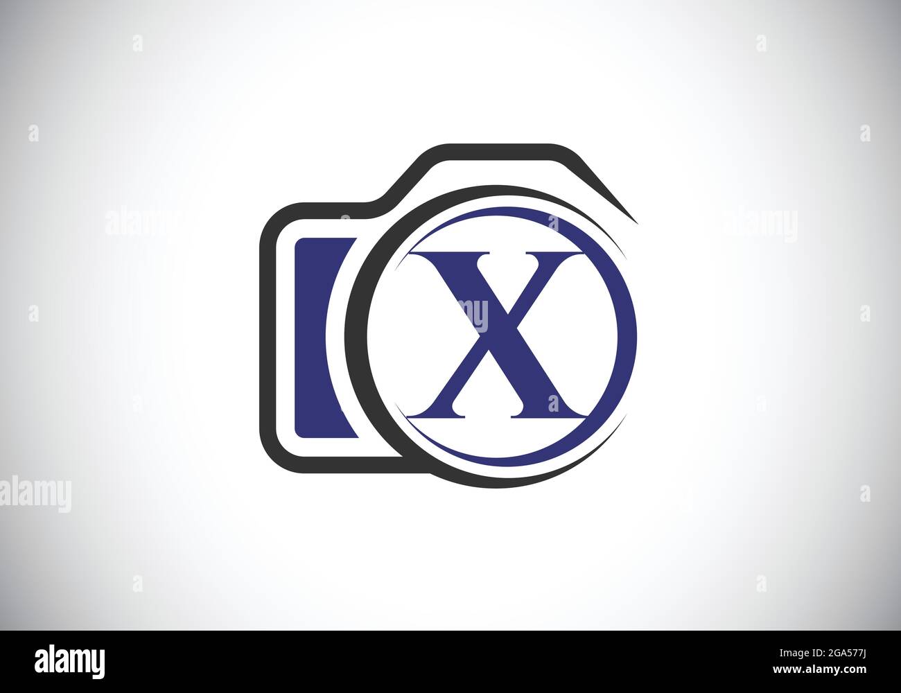 Lettera iniziale del monogramma X con l'icona di una telecamera. Immagine vettoriale del logo fotografico. Design moderno del logo per il settore della fotografia e l'azienda Illustrazione Vettoriale