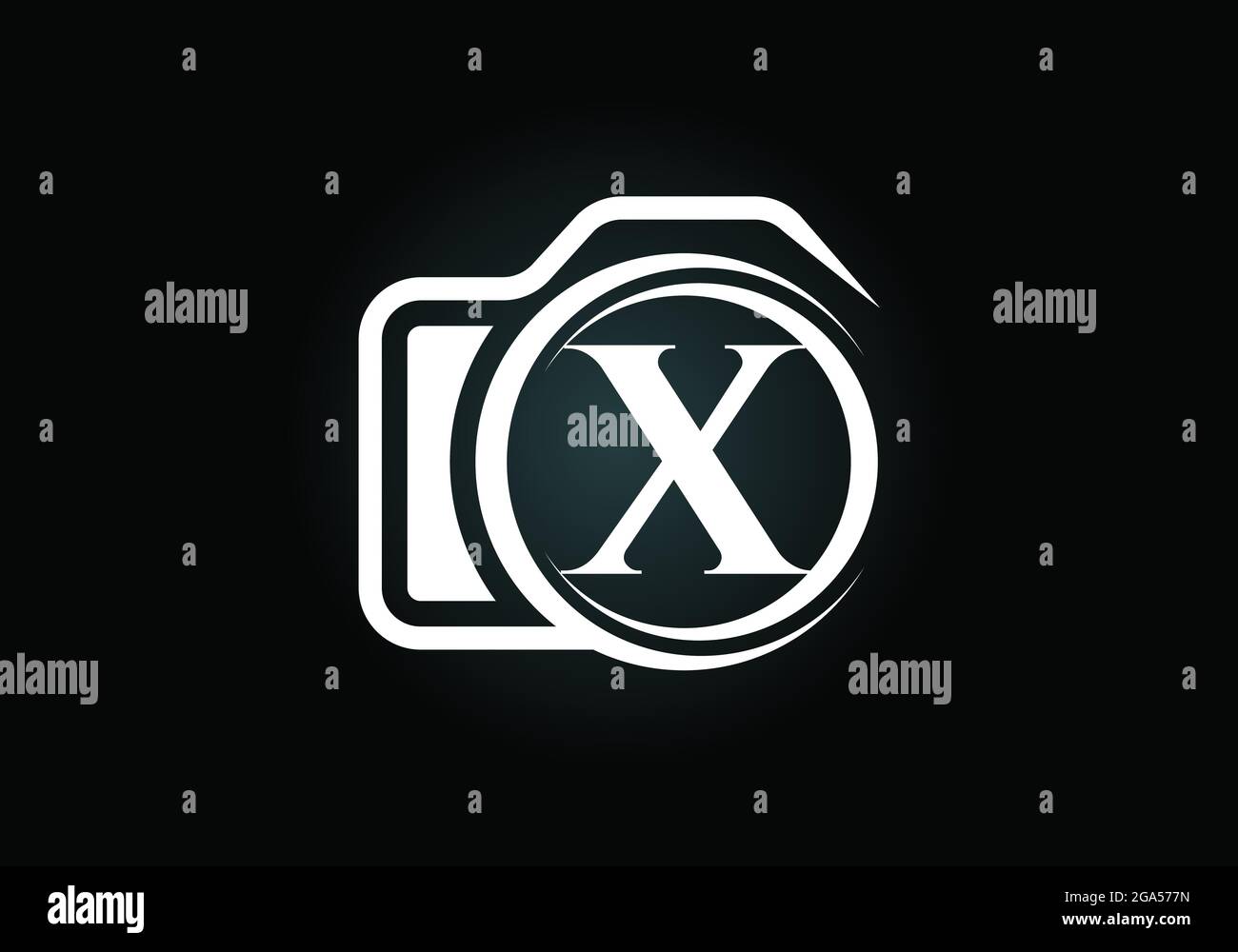 Lettera iniziale del monogramma X con l'icona di una telecamera. Immagine vettoriale del logo fotografico. Design moderno del logo per il settore della fotografia e l'azienda Illustrazione Vettoriale