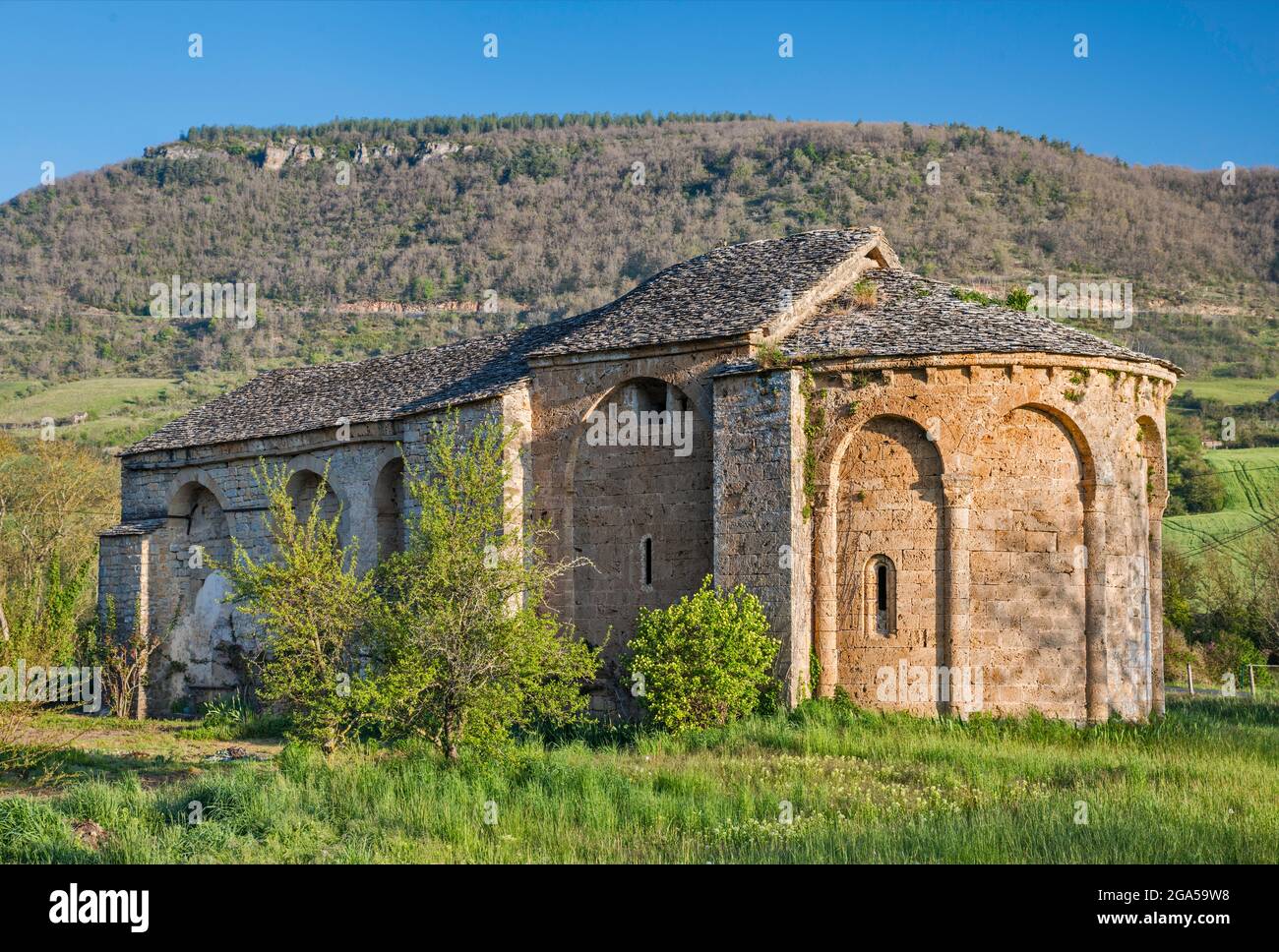 Chiesa romanica vicino alla città di Nant, comune nel dipartimento Aveyron, Vallee de la Dourbie (Valle del fiume Dourbie), regione Causses, Occitanie, Francia Foto Stock