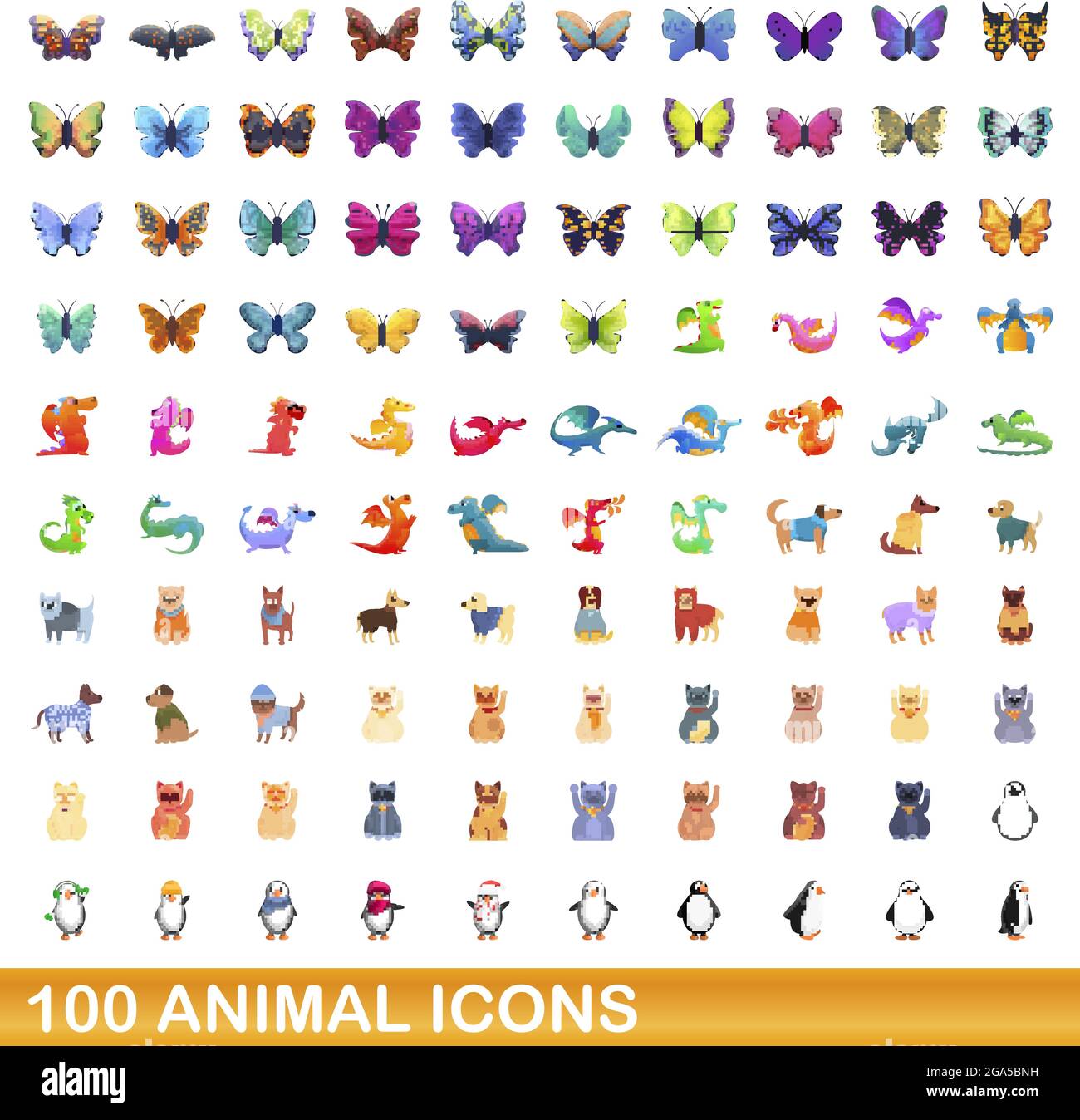 100 animali set di icone. Cartoon illustrazione di 100 icone animale set vettore isolato su sfondo bianco Illustrazione Vettoriale