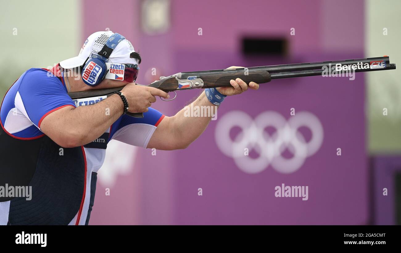 Lo sparatutto sportivo ceco Jiri Liptak compete nella finale degli uomini della trappola di tiro durante le Olimpiadi estive di Tokyo 2020, il 29 luglio 2021, a Tokyo, Giappone. (CTK Foto Stock
