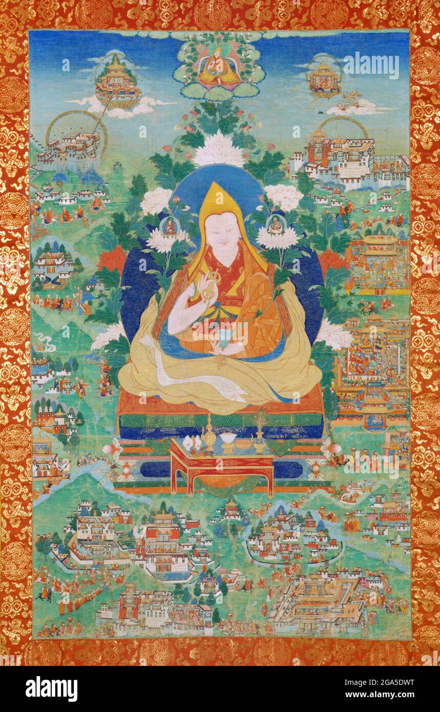 Tibet / Cina: 'La discesa del quinto Dalai lama dalle terre pure' (XVIII secolo), Museo d'Arte Rubin Ngawang Lobsang Gyatso, il Grande quinto Dalai lama (1617–1682), è stato un leader politico e religioso nel Tibet del XVII secolo. Ngawang Lozang Gyatso era il nome dell'ordinazione che aveva ricevuto da Panchen Lobsang Chökyi Gyaltsen, responsabile della sua ordinazione. È stato il primo Dalai lama a esercitare un potere politico efficace sul Tibet centrale, ed è spesso chiamato il "Grande quinto Dalai lama". Foto Stock
