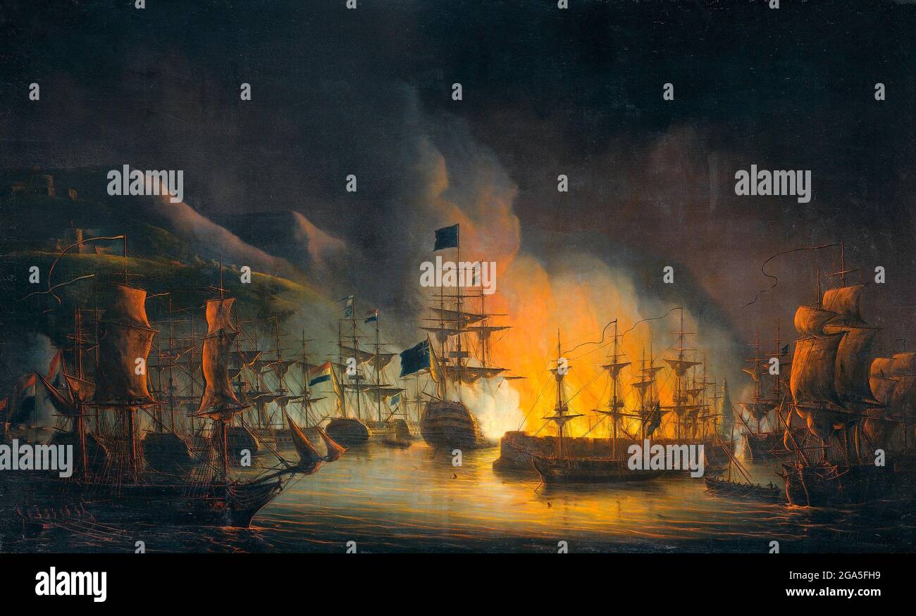 Algeria: Bombardamento di Algeri da parte della flotta anglo-olandese (26-27 agosto 1816). Dipinto ad olio su tela di Martinus Schouman (1770 - 1848), 1823. Il bombardamento di Algeri fu un tentativo della Gran Bretagna di porre fine alle pratiche di schiavitù del Diario di Algeri. Una flotta anglo-olandese sotto il comando dell'ammiraglio Lord Exmouth bombardò le navi e le difese portuali di Algeri. Anche se vi è stata una continua campagna da parte di varie navate europee e americane per sopprimere la pirateria contro gli europei da parte degli stati barbarici nordafricani, lo scopo specifico di questa spedizione è stato quello di liberare schiavi cristiani e t Foto Stock