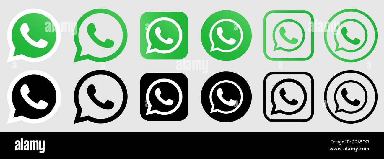 Vinnytsia, Ucraina - 28 luglio 2021: Set del logo WhatsApp. Icona del pulsante dei social media più diffusi. Vettore editoriale isolato su sfondo grigio Illustrazione Vettoriale