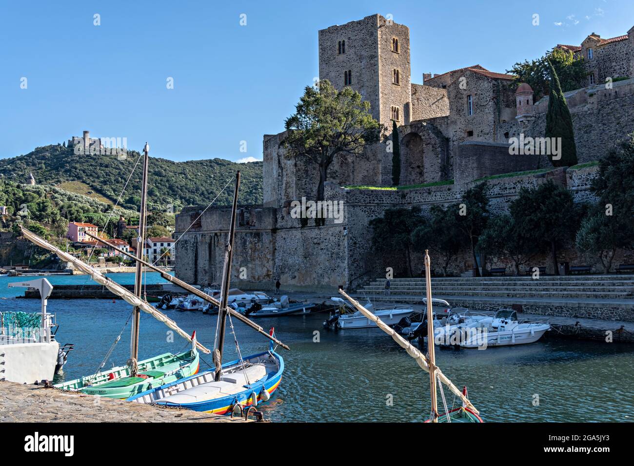 Vista di Collioure (Cullliure in catalano) con il Castello, Pirenei Orientali, Francia. Foto Stock