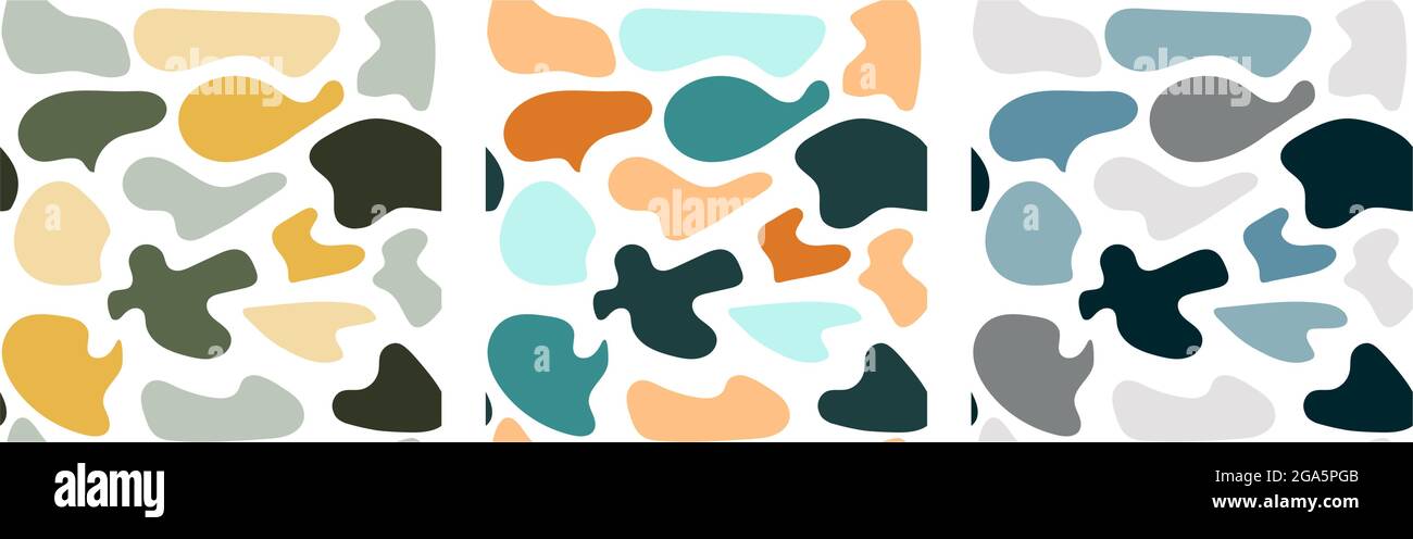 Insieme di tre ripetizioni senza giunture. Disegnate a mano varie forme e oggetti doodle. Illustrazione vettoriale astratta e moderna alla moda. Texture timbro. Ogni modello è isolato. Illustrazione vettoriale Illustrazione Vettoriale