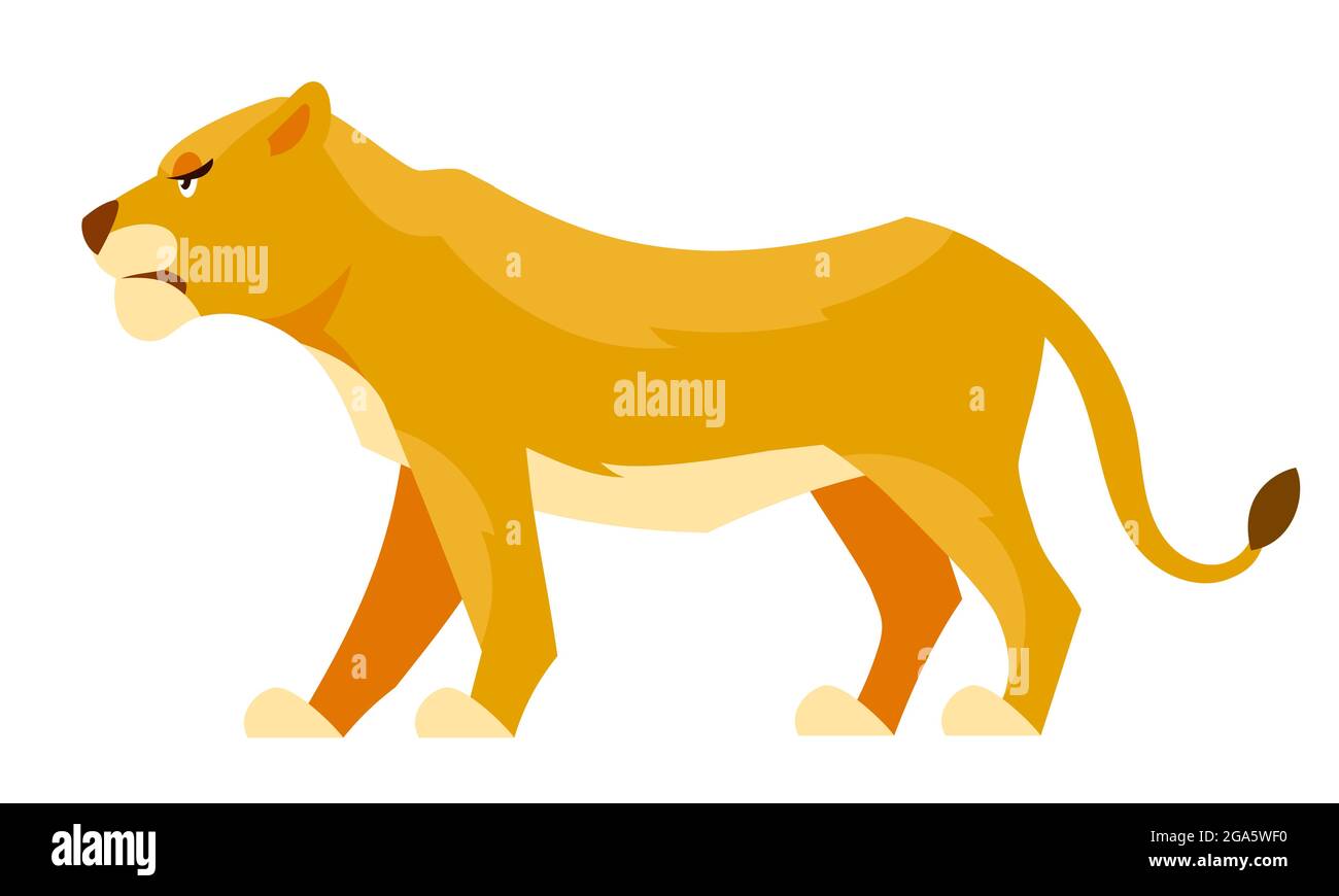 Vista laterale leoness. Animale africano in stile cartoon. Illustrazione Vettoriale