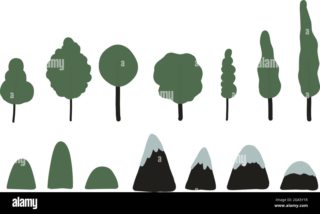 Alberi e montagne. Illustrazione semplice. Elementi per giochi da tavolo e piani cartografici. Simboli paesaggistici. Illustrazione vettoriale Illustrazione Vettoriale