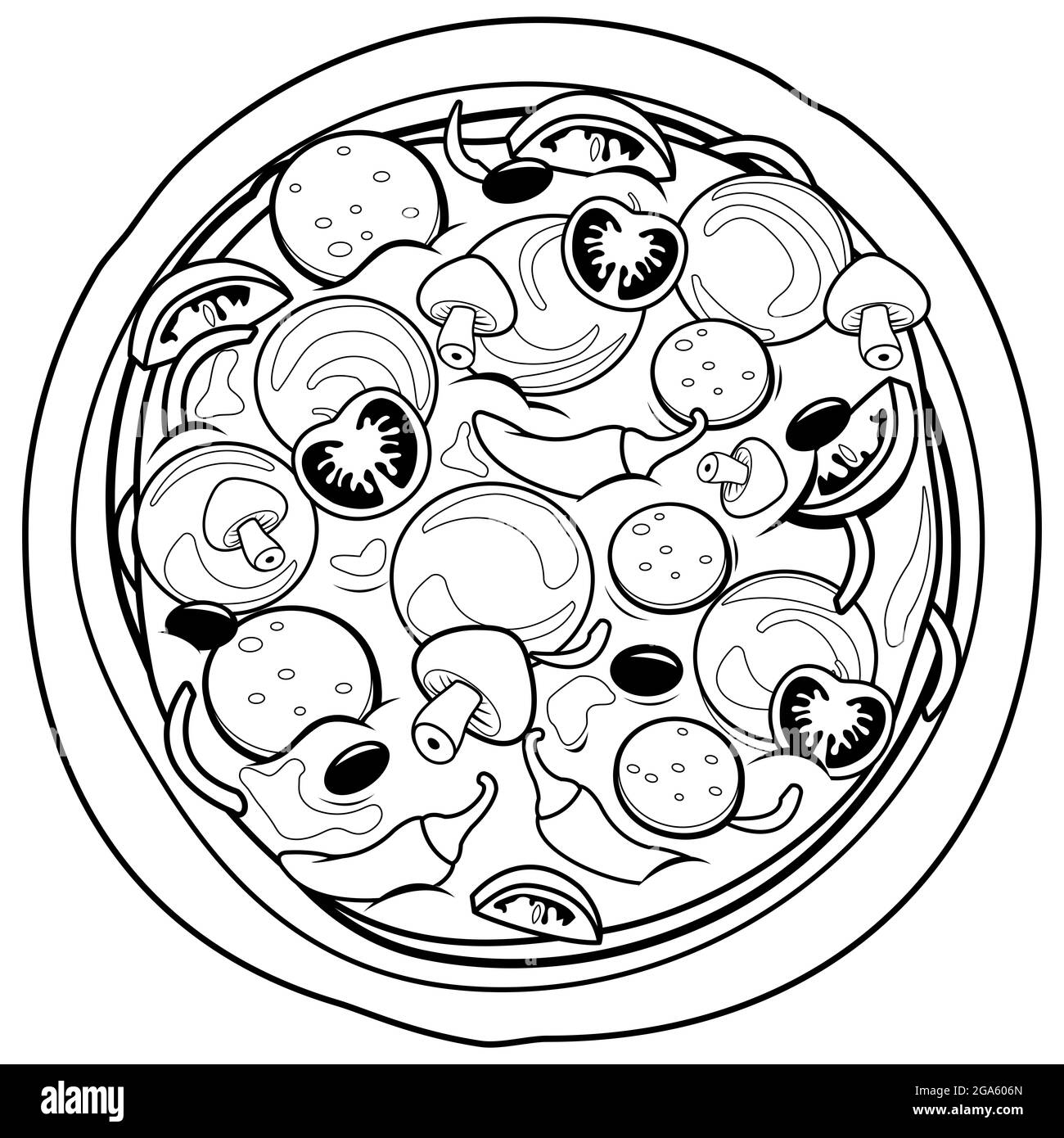 Pizza. Pagina del libro da colorare in bianco e nero Foto stock - Alamy