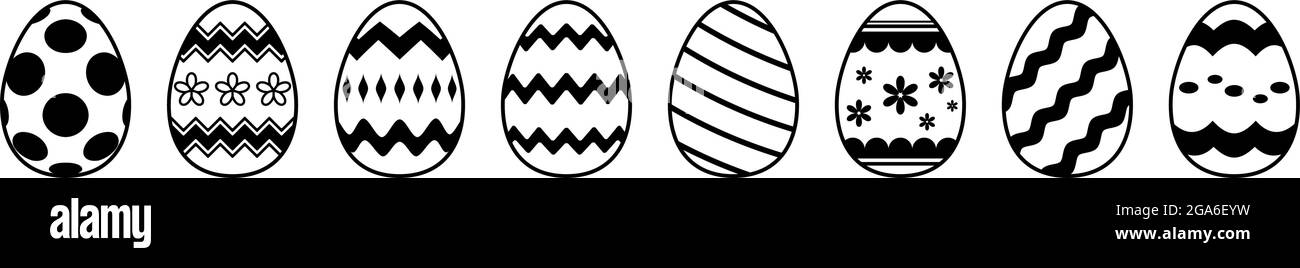 Vettore dell'uovo di Pasqua impostato su sfondo bianco isolato. Otto semplici uova di Pasqua felici in bianco e nero. Illustrazione Vettoriale