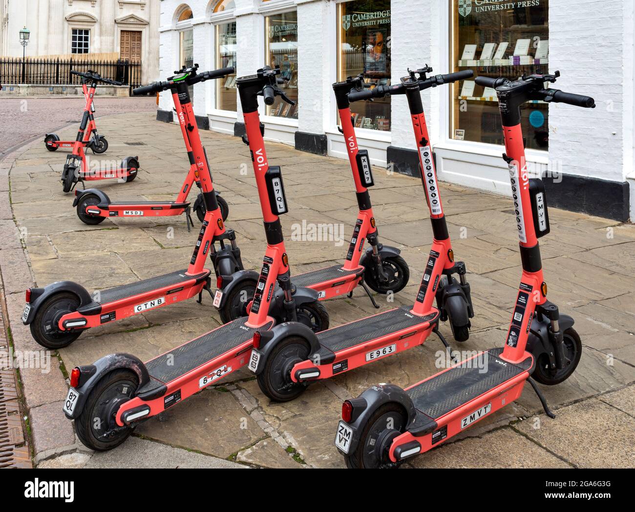 CAMBRIDGE INGHILTERRA UNA LINEA DI SCOOTER ROSA VOI E FUORI DALL'EDIFICIO DELLA STAMPA DELL'UNIVERSITÀ DI CAMBRIDGE IN TRINITY STREET Foto Stock