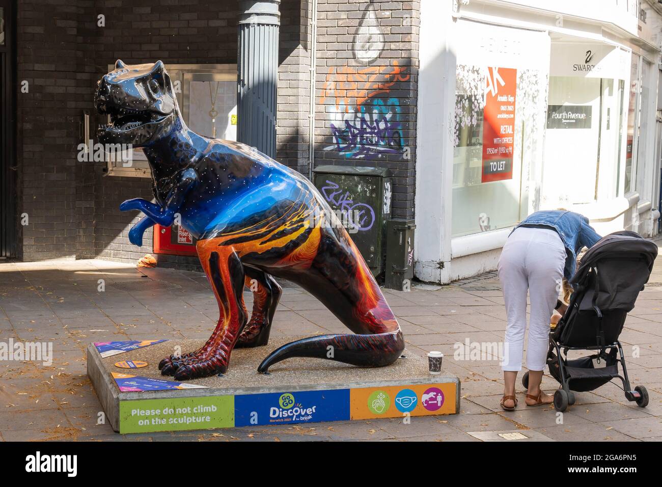 Dinosauro numero 13 dipinto da Hannah Nelson e sponsorizzato da Dipples nella città di London Street Norwich Foto Stock