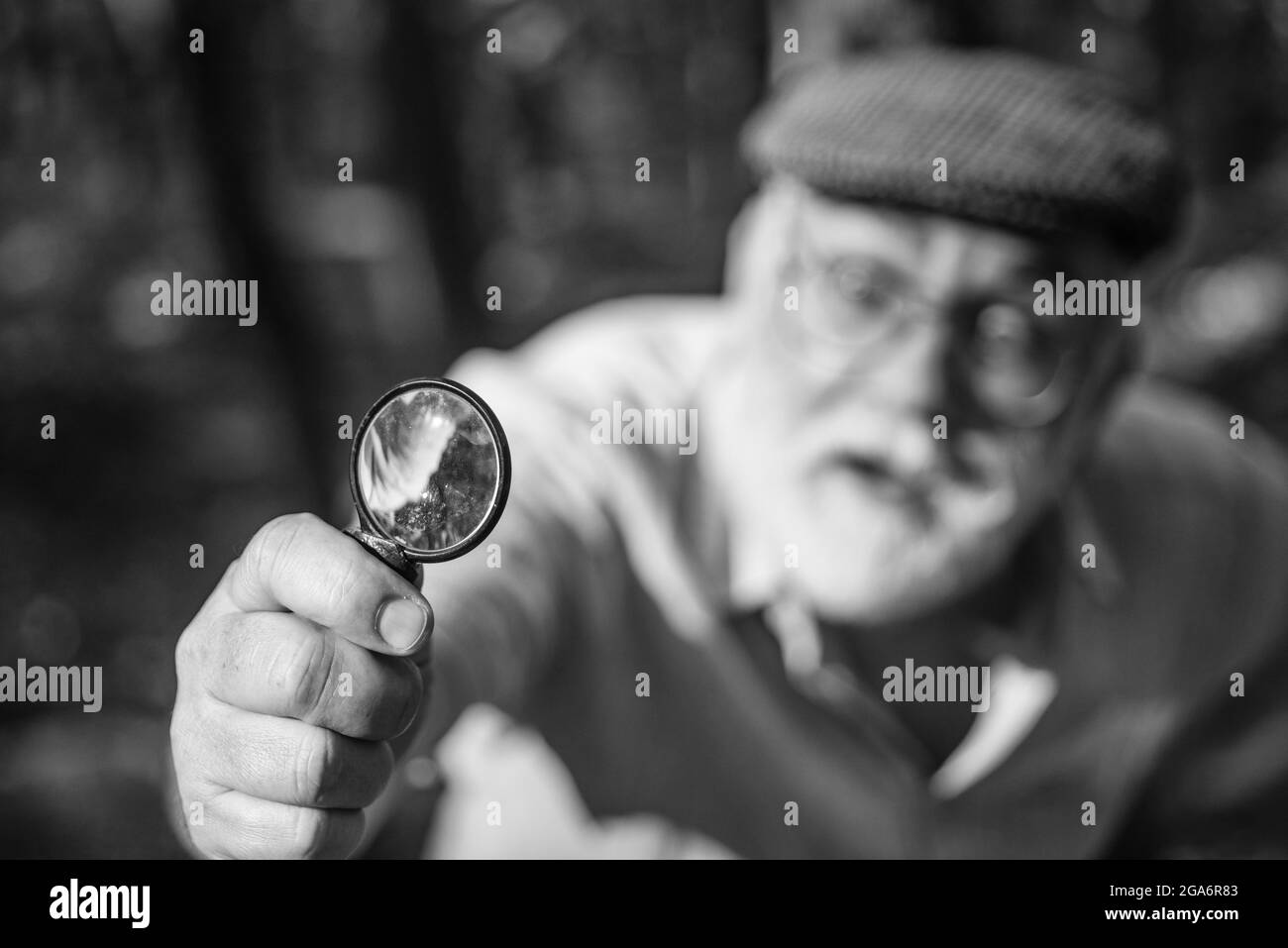 Lente di ingrandimento con messa a fuoco selettiva. Ricerca e scoperta. Potenza di ingrandimento. L'uomo anziano usa la lente d'ingrandimento nella natura. Senso di vista. Lente e ottica Foto Stock