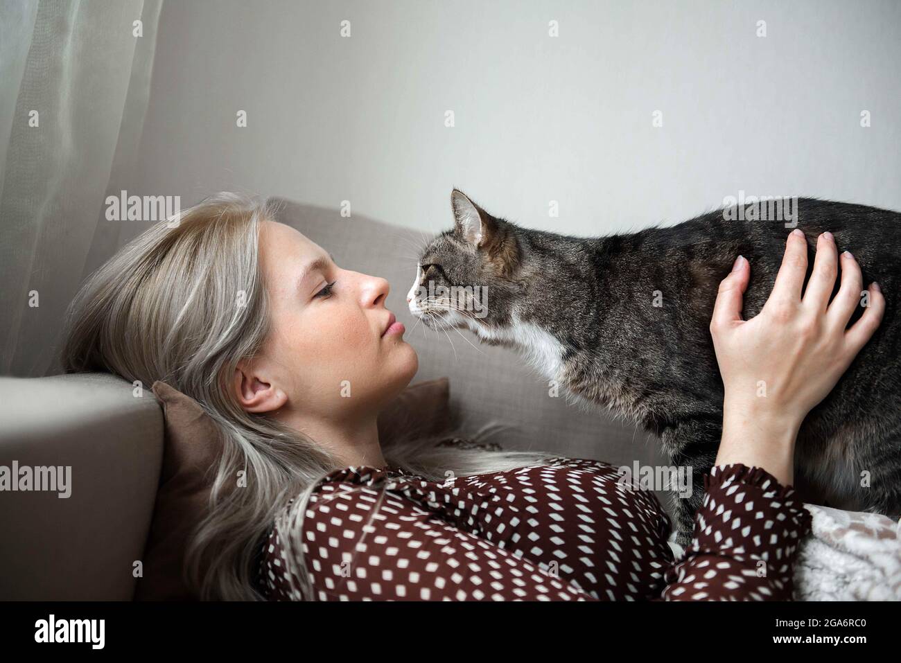 Giovane donna graziosa con gatto domestico cute sta posando sul divano a casa Foto Stock