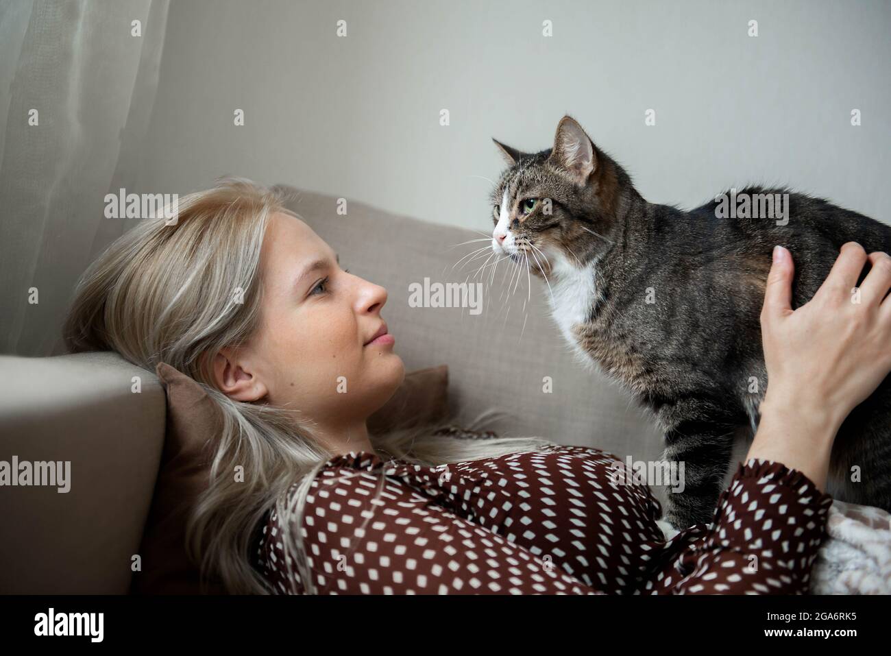 Giovane donna graziosa con gatto domestico cute sta posando sul divano a casa Foto Stock