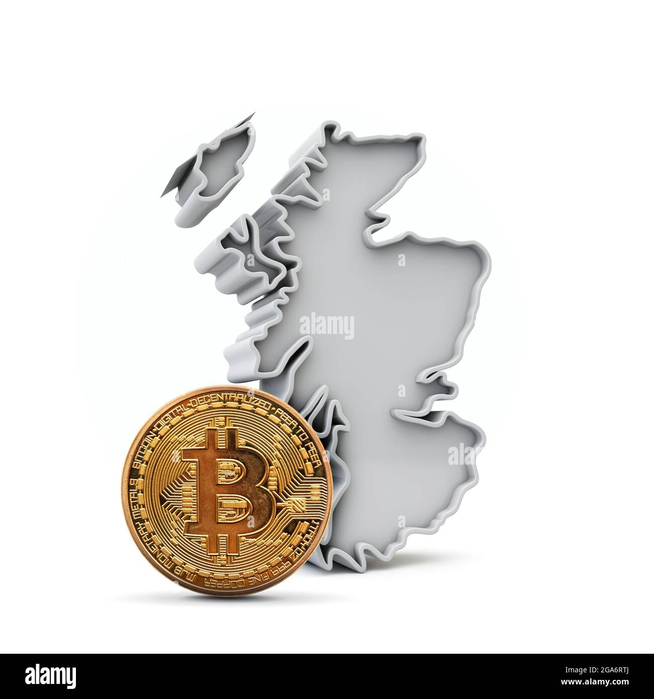 Fondo di bitcoin della Scozia. Moneta criptovaluta con mappa. Rendering 3D Foto Stock