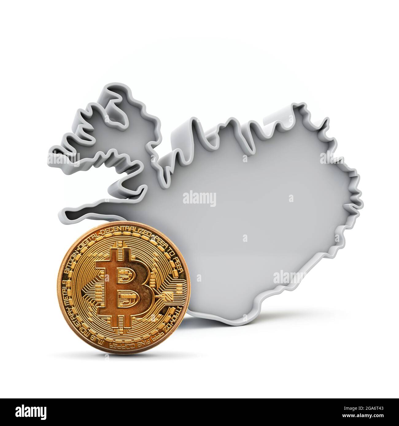 Islanda bitcoin sfondo. Moneta criptovaluta con mappa. Rendering 3D Foto Stock
