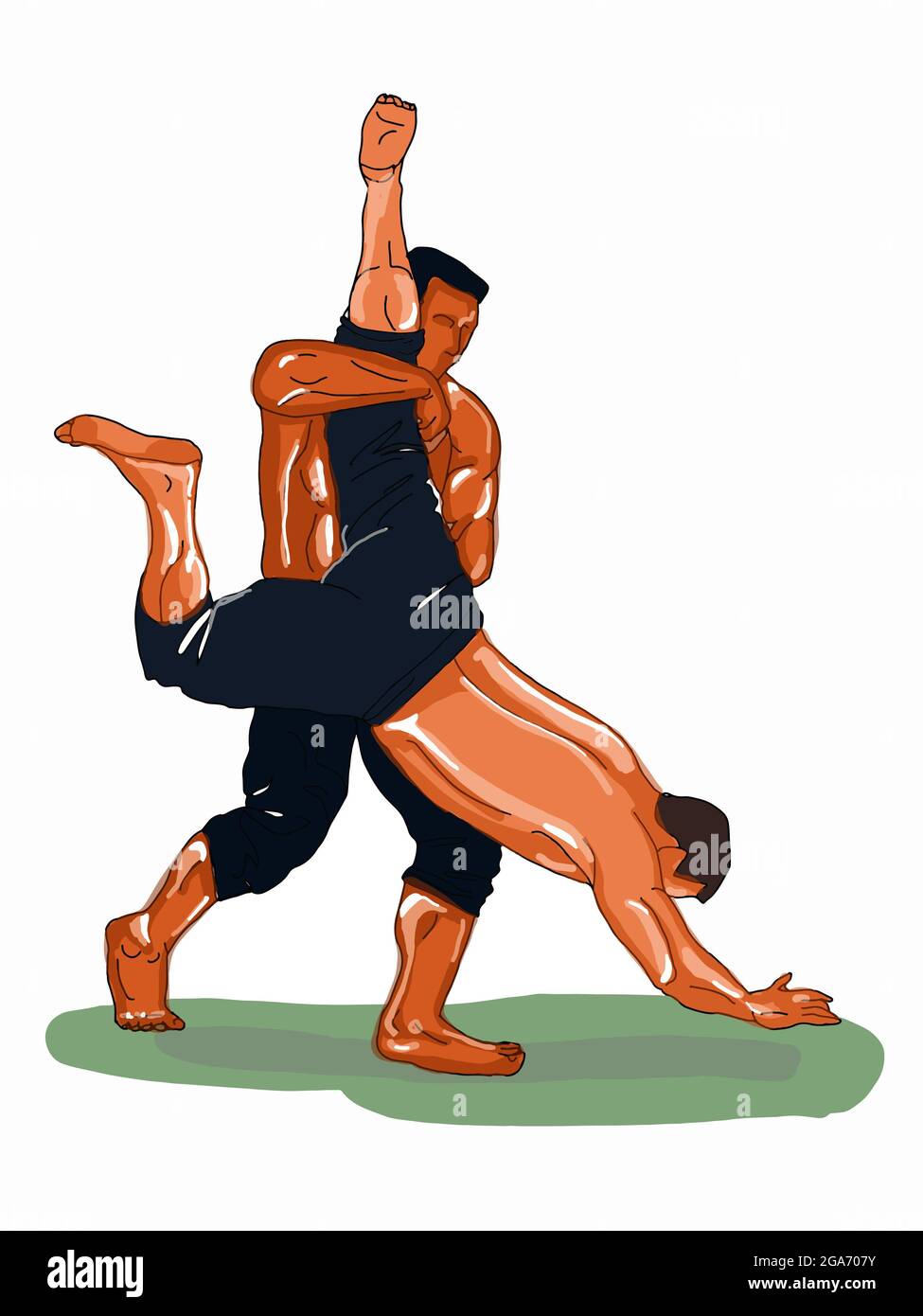 olimpico olio wrestler sulla cartoon erba illustrazione Foto Stock
