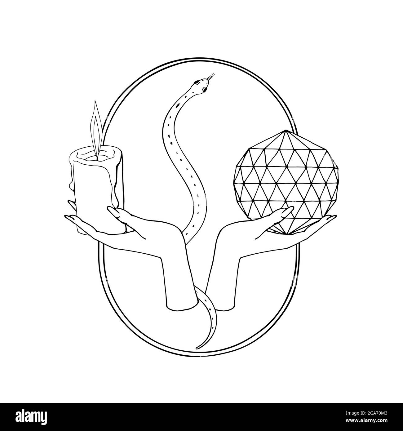 Mani mistiche vintage che tengono la candela illuminata e la palla di cristallo sull'ovale, con un piccolo serpente. Illustrazione Vettoriale