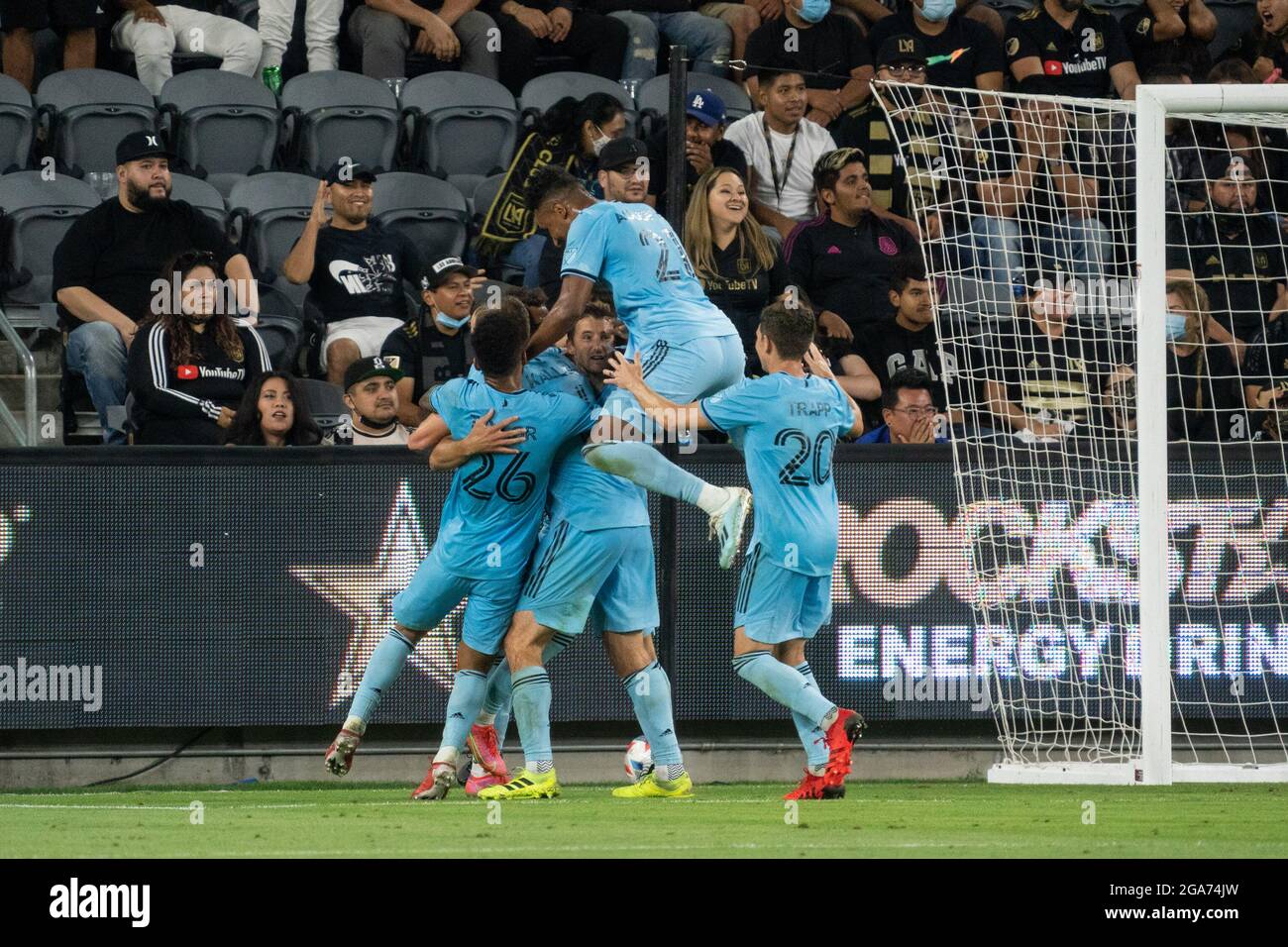 Minnesota United festeggia un gol di gioco di Minnesota United Midfielder Hassani Dotson (31) durante una partita MLS, mercoledì 28 luglio 2021, a Los A. Foto Stock