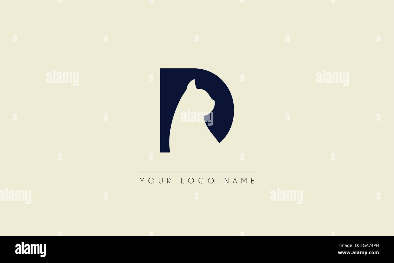 Spazio negativo della lettera iniziale D con il logo Head Cat Illustrazione Vettoriale