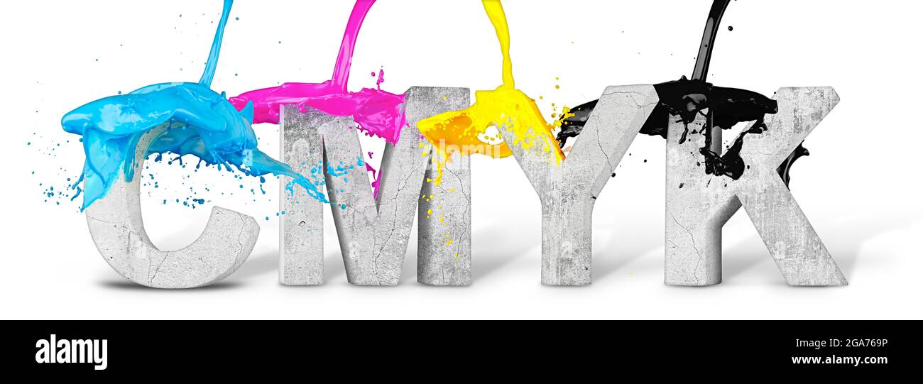CMYK ciano magenta giallo tasto 3D illustrazione colore splash su pietra beton simbolo di lettera logo isolato su sfondo bianco. Foto Stock