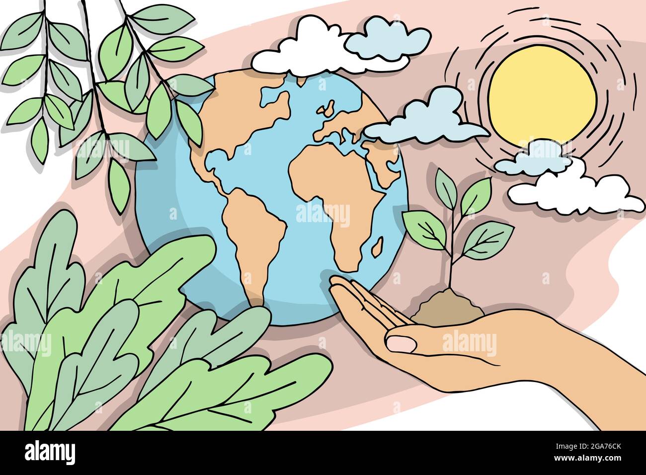 Eco Cartoon pianeta Terra la mano cura germogli di piante. Sicurezza ambientale tecnologia sostenibile energia rinnovabile. Problema di protezione della natura prelievo di carta Illustrazione Vettoriale