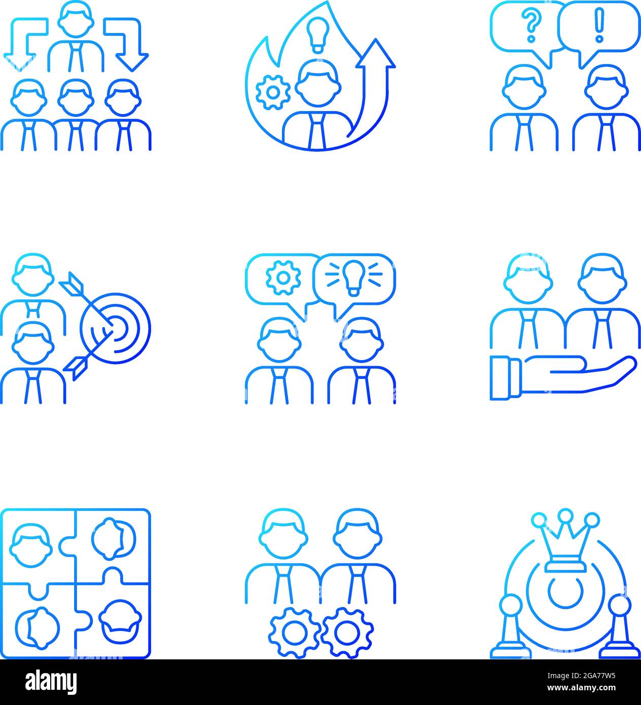 Insieme di icone vettoriali lineari a gradiente di lavoro di gruppo Illustrazione Vettoriale