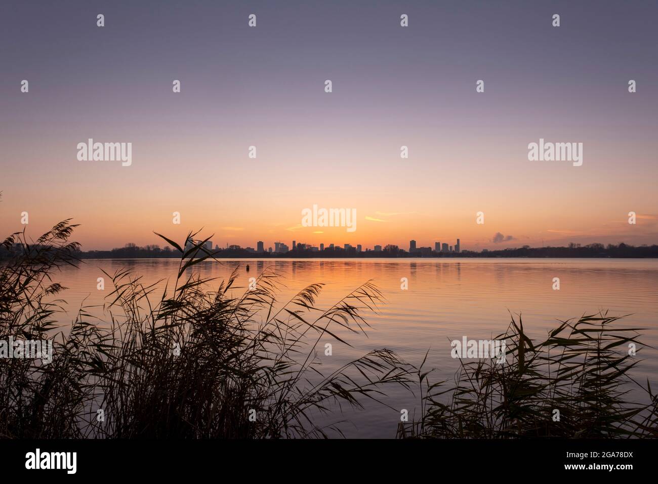 Tramonto sullo skyline di Rotterdam visto da Kralingse Plas (Lago Kralingen) con cielo colorato che si riflette nelle acque ferme del lago Foto Stock