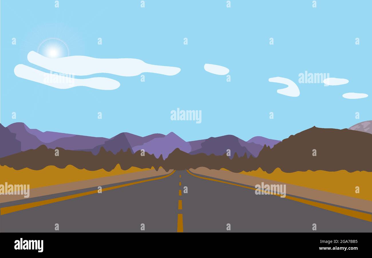 Strada vuota diritta attraverso il cielo di countryside.blue, prato e montagne. Illustrazione Vettoriale