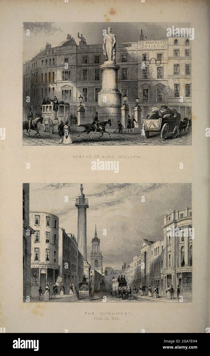 La statua di King William e il Monumento a Fish Street Hill dal libro Illustrated London, o una serie di vedute nella metropoli britannica e nelle sue vicinanze, incise da Albert Henry Payne, dai disegni originali. Le notizie storiche, topografiche e miscellanee di Bicknell, W. i; Payne, A. H. (Albert Henry), 1812-1902 pubblicato a Londra nel 1846 da E.T. Brain & Co Foto Stock