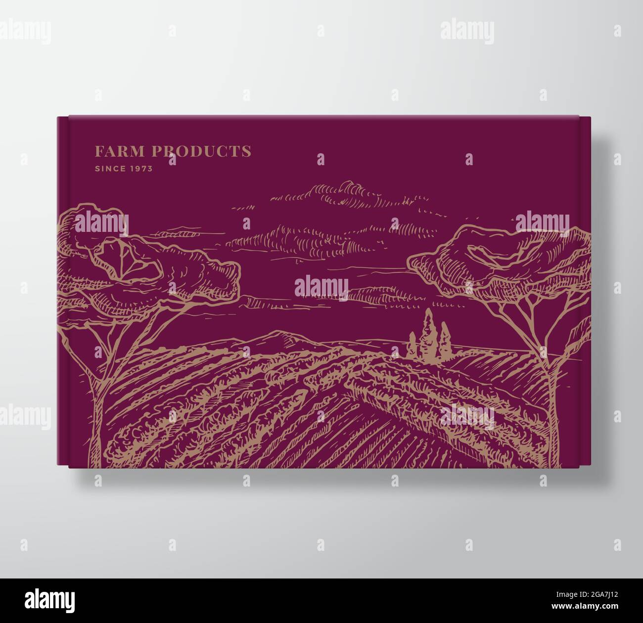 Confezione di qualità premium mock-up. Etichetta di imballaggio per vettore organico Design su un contenitore di cartone. Tipografia moderna e alberi disegnati a mano, campi e colline Illustrazione Vettoriale