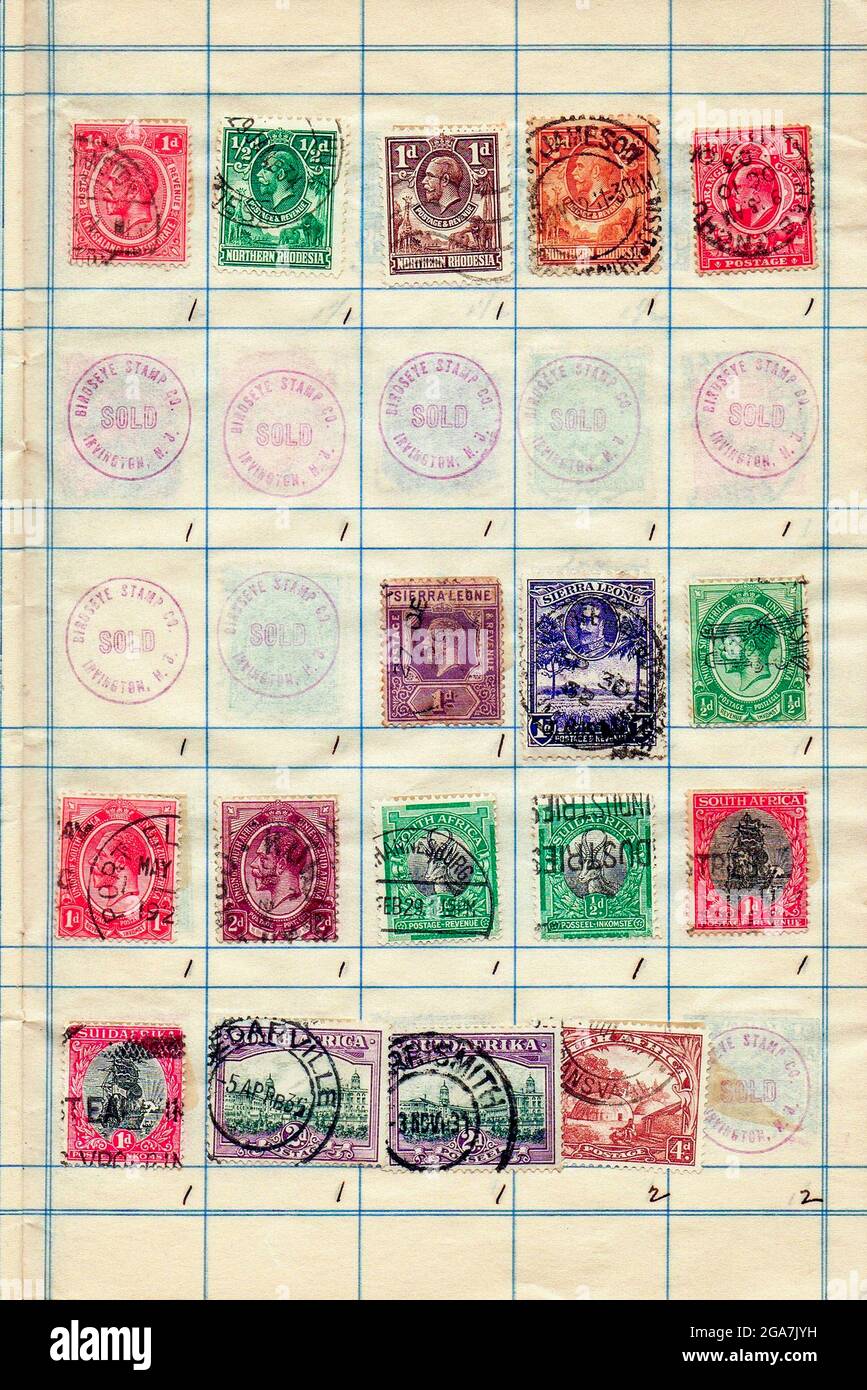 Una collezione di vecchi francobolli della Rhodesia Settentrionale, della  Sierra Leone e della Filatelia dell'Unione del Sud Africa è lo studio dei  francobolli e della storia postale Foto stock - Alamy