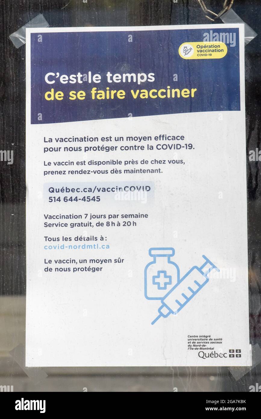 "È tempo di essere vaccinati" dice questo poster a Montreal, Canada///la vaccinazione contro Covid-19 è in pieno svolgimento nel paese, il 2021 luglio Foto Stock