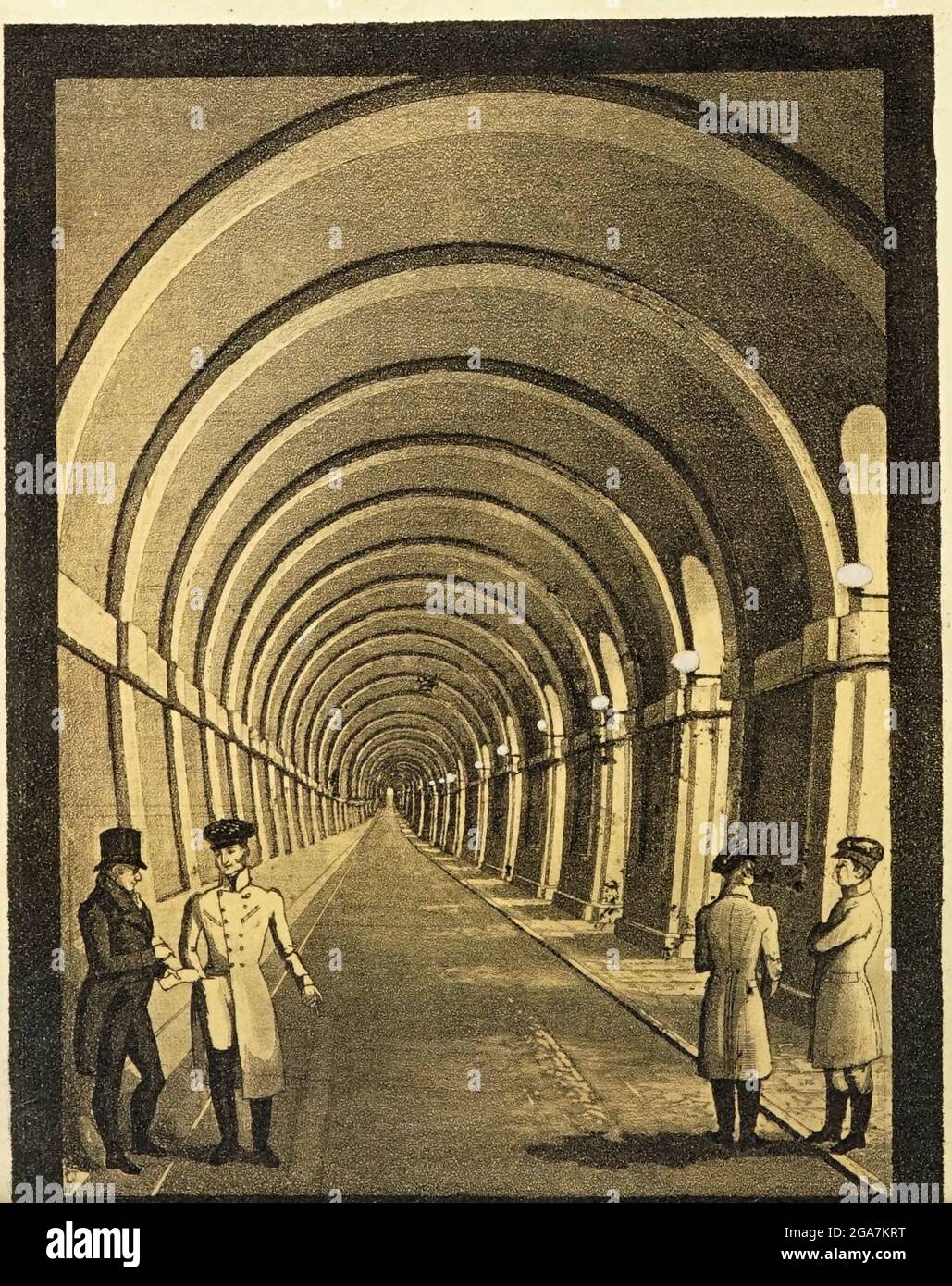 Il Thames Tunnel è un tunnel sotto il Tamigi di Londra, che collega Rotherhithe e Wapping. Misura 35 piedi (11 m) di larghezza per 20 piedi (6 m) di altezza ed è 1,300 piedi (396 m) di lunghezza, che corre ad una profondità di 75 piedi (23 m) sotto la superficie del fiume misurata con l'alta marea. È il primo tunnel conosciuto per essere stato costruito con successo sotto un fiume navigabile ed è stato costruito tra il 1825 e il 1843 da Marc Brunel e suo figlio Isambard utilizzando lo scudo tunneling recentemente inventato dal maggiore Brunel e Thomas Cochrane. Il tunnel era originariamente progettato per carrozze trainate da cavalli, ma era principalmente Foto Stock