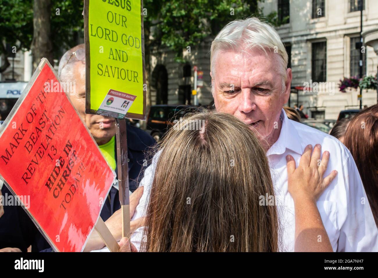 LONDRA, INGHILTERRA - 24 luglio 2021: Il teorico della cospirazione David Icke al World Wide Rally for Freedom protesta Foto Stock