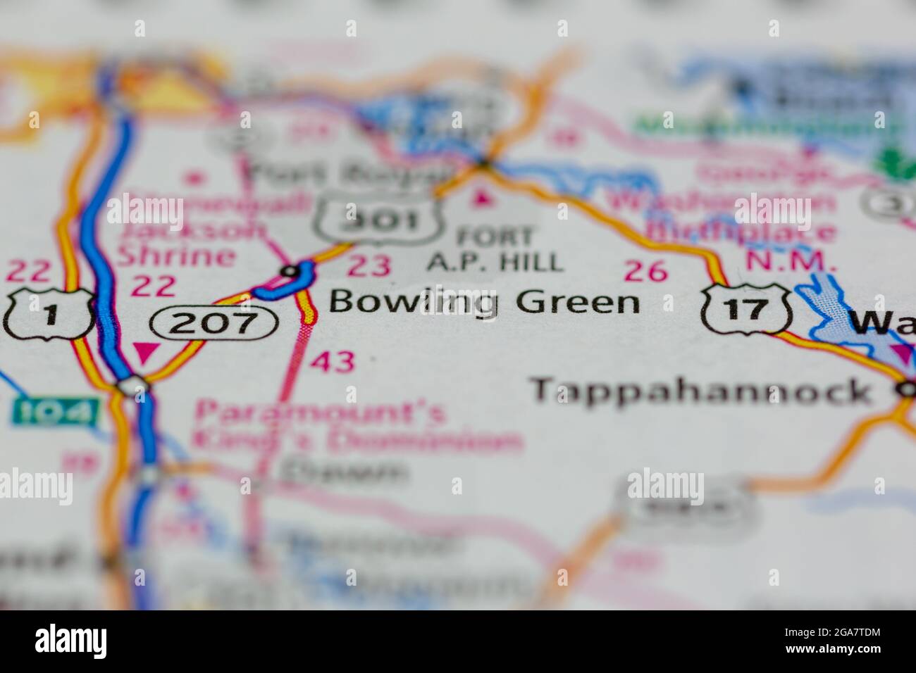 Bowling Green Virginia mostrato su una mappa stradale o su una mappa geografica Foto Stock
