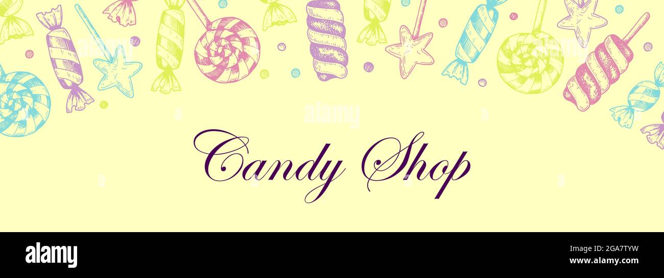 Design orizzontale di Candy Shop disegnato a mano. Illustrazione vettoriale nello stile di schizzo. Modello per social media, biglietti, etichette, volantini Illustrazione Vettoriale