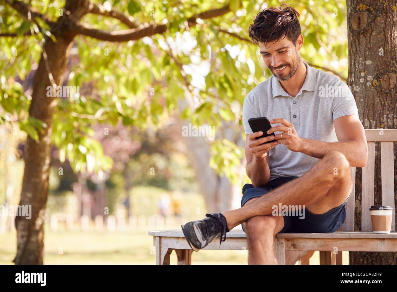 Uomo che indossa Shorts estivi seduto sul panca del parco sotto l'albero con caffè Takeaway utilizzando il telefono cellulare Foto Stock