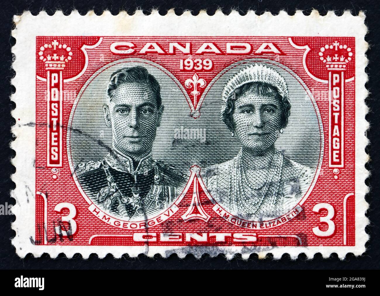 CANADA - CIRCA 1939: Un francobollo stampato in Canada mostra re George VI e la regina Elisabetta, visita in Canada e negli Stati Uniti, circa 1939 Foto Stock