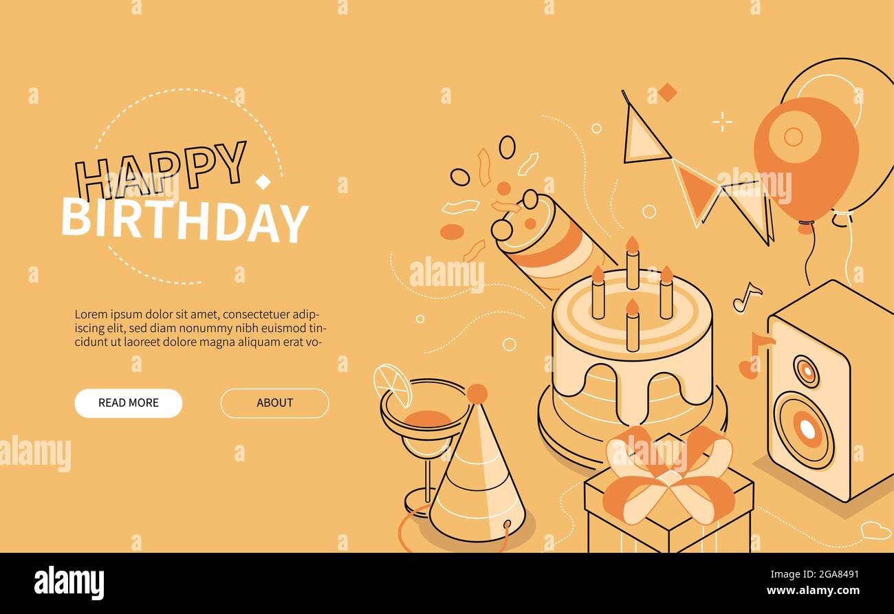 Buon compleanno - linea di disegno stile banner isometrico web. Intestazione con simboli festivali, elementi del festival. Bandiere, cappello, torta, palloncini, presé Illustrazione Vettoriale