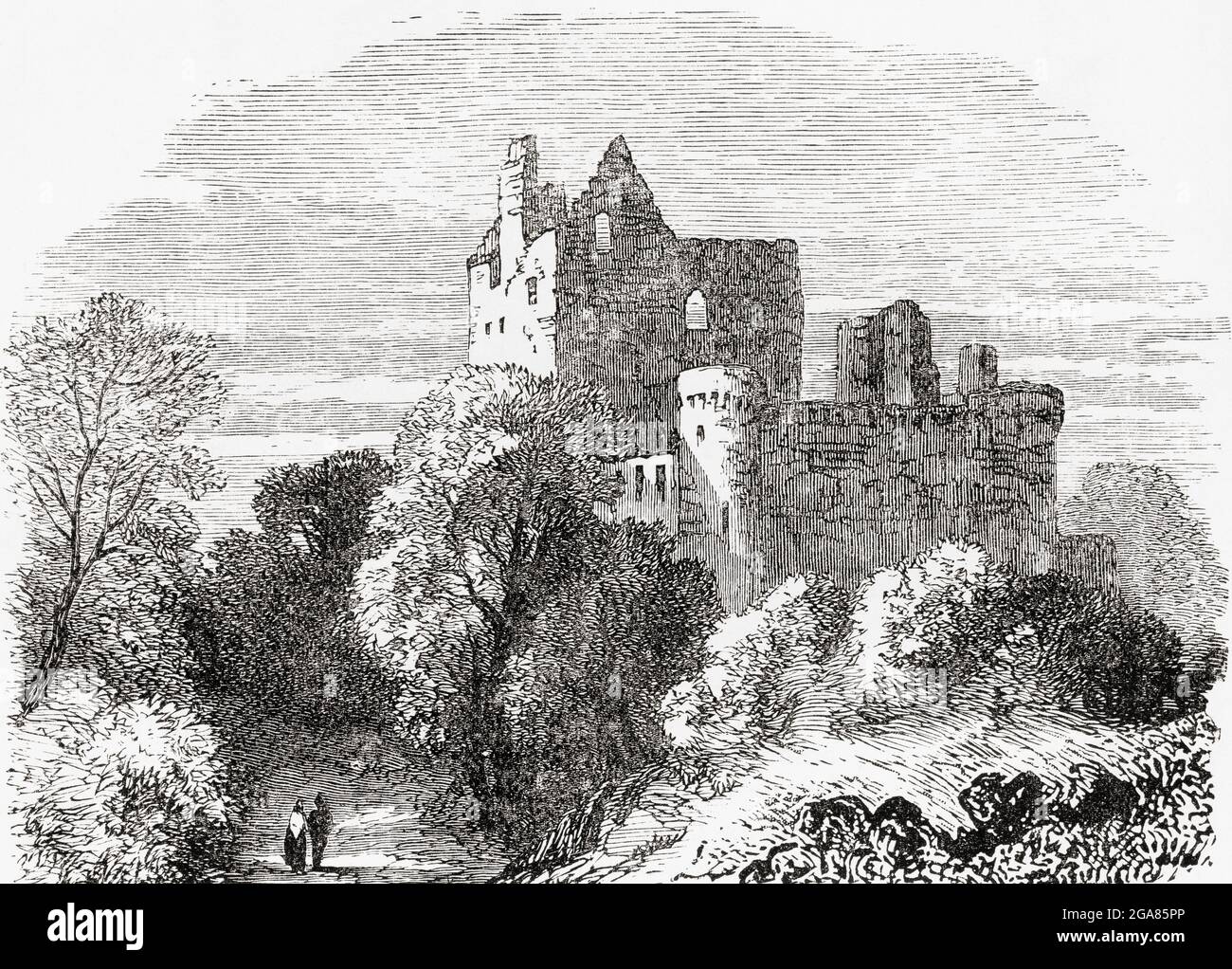Craigmillar Castle, Edimburgo, Scozia, visto qui nel 19 ° secolo. Maria Regina di Scozia convalse qui a seguito di una malattia dopo la nascita del figlio nel 1566. Dalla pittoresca Scozia le sue scene romantiche e le associazioni storiche, pubblicato intorno al 1890. Foto Stock