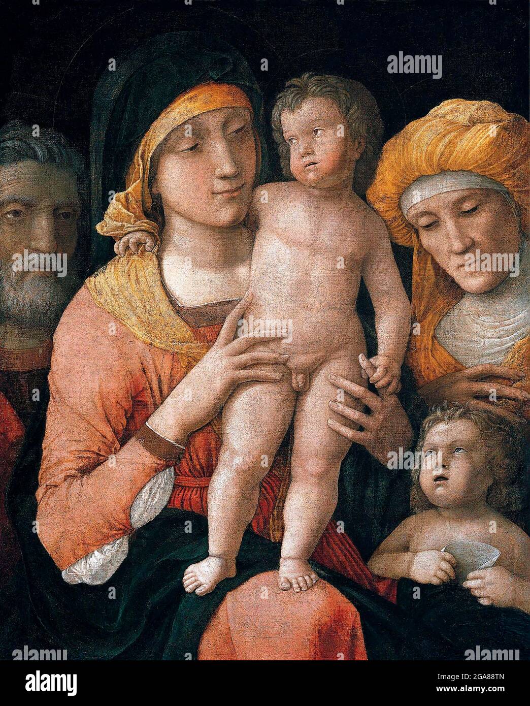 La Madonna col Bambino con i Santi Giuseppe, Elisabetta e Giovanni Battista di Andrea Mantegna (1431-1506), temperatore, olio e oro su tela, c. 1485-8 Foto Stock